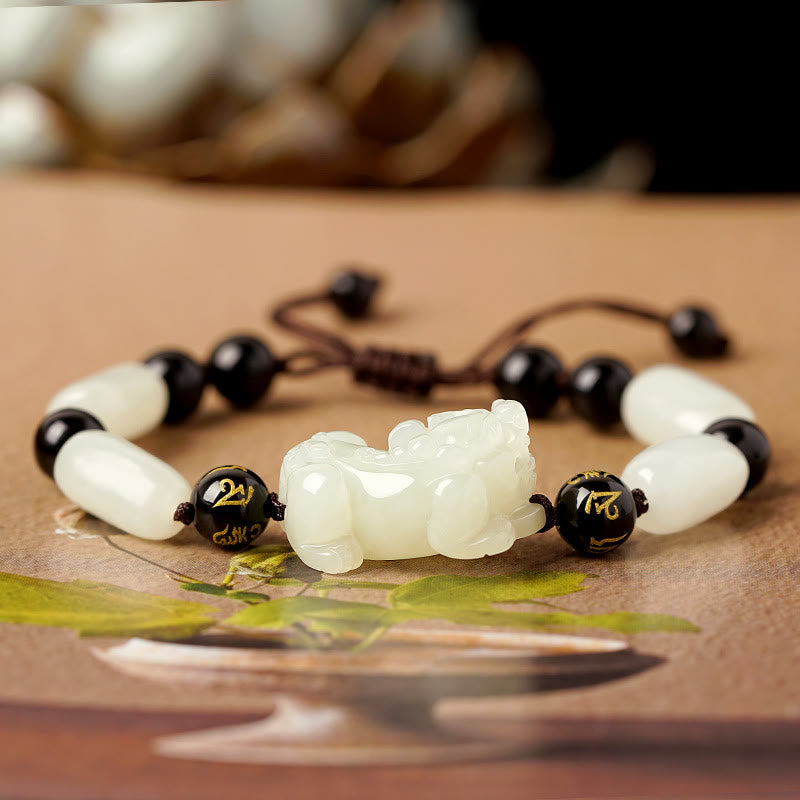 Fortune Jewel Natural Hetian White Jade PiXiu Wealth String Bracelet