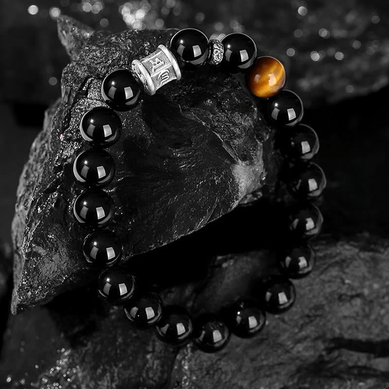 Fortune Jewel 999 Sterling Silver Black Obsidian Tiger Eye Om Mani Padme Hum Fulfillment Bracelet
