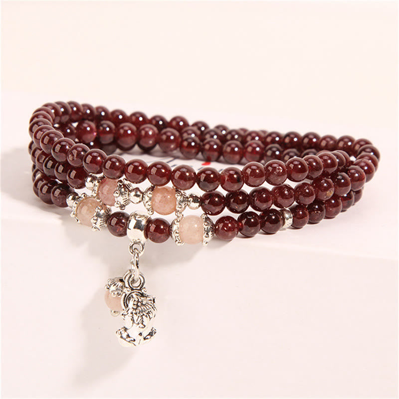 Fortune Jewel Natural Garnet Strawberry Quartz Green Beans PiXiu Protection Triple Wrap Bracelet