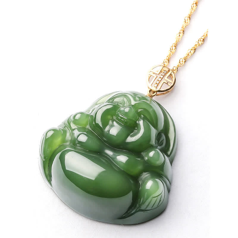 Fortune Jewel 925 Sterling Silver Laughing Buddha Hetian Cyan Jade 18K Gold Success Necklace Chain Pendant Fortune Jewel