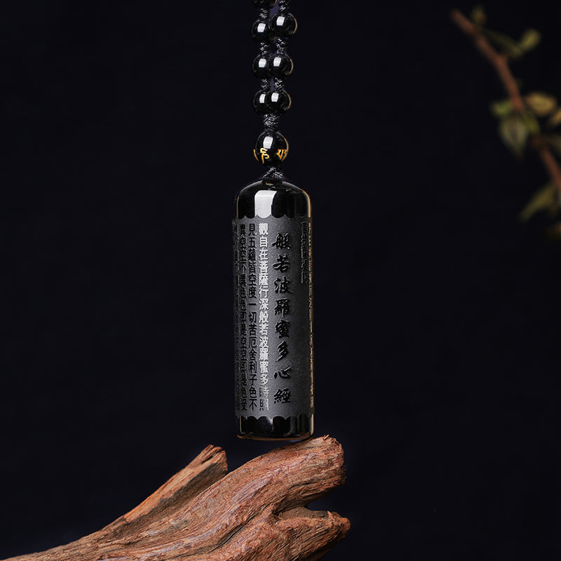 Fortune Jewel Natural Black Obsidian Heart Sutra Purification Necklace Pendant
