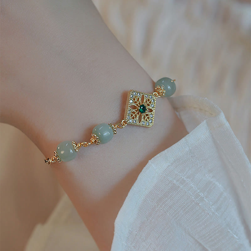 Fortune Jewel Natural Hetian Jade Bead Square Pattern Luck Chain Bracelet