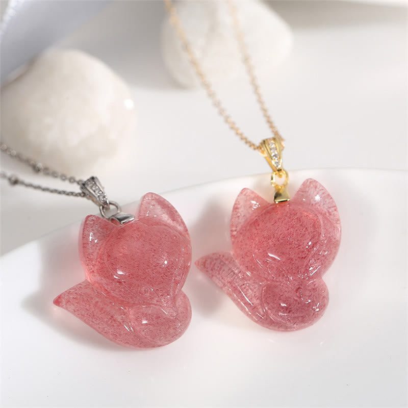 Fortune Jewel 925 Sterling Silver Plated 14k Gold Strawberry Quartz Fox Healing Necklace Pendant