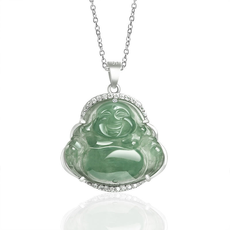 Fortune Jewel Laughing Buddha Natural Jade Luck Prosperity Necklace Titanium Steel Chain Pendant Fortune Jewel