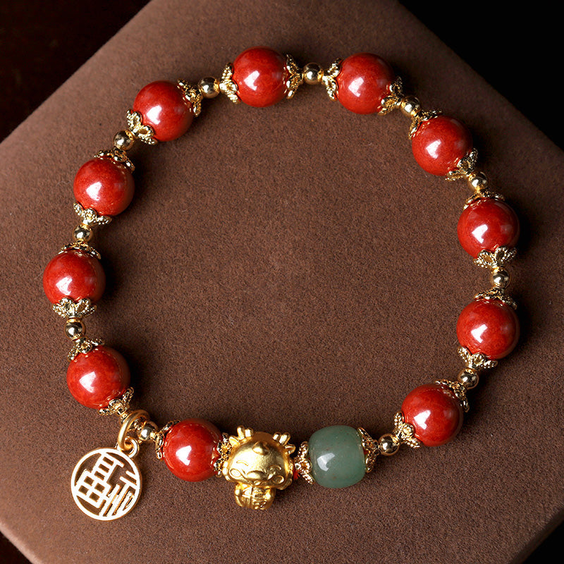 Fortune Jewel Year of the Dragon Natural Cinnabar Fu Character Charm Blessing Bracelet