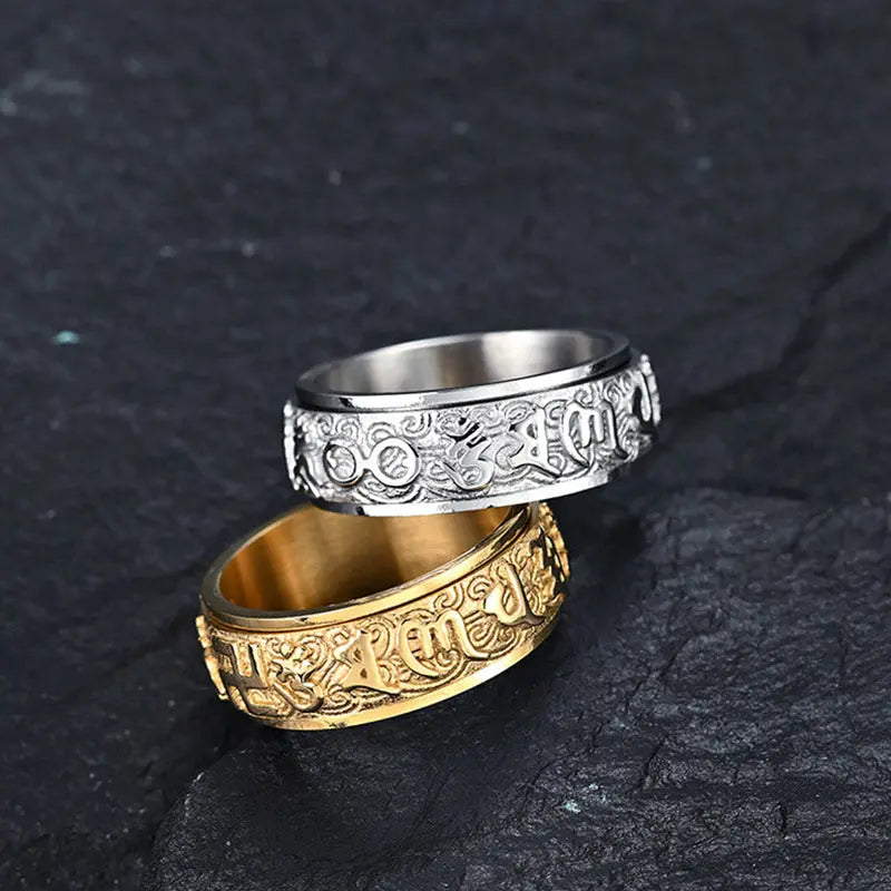 Fortune Jewel Om Mani Padme Hum Balance Calm Titanium Steel Ring Fortune Jewel