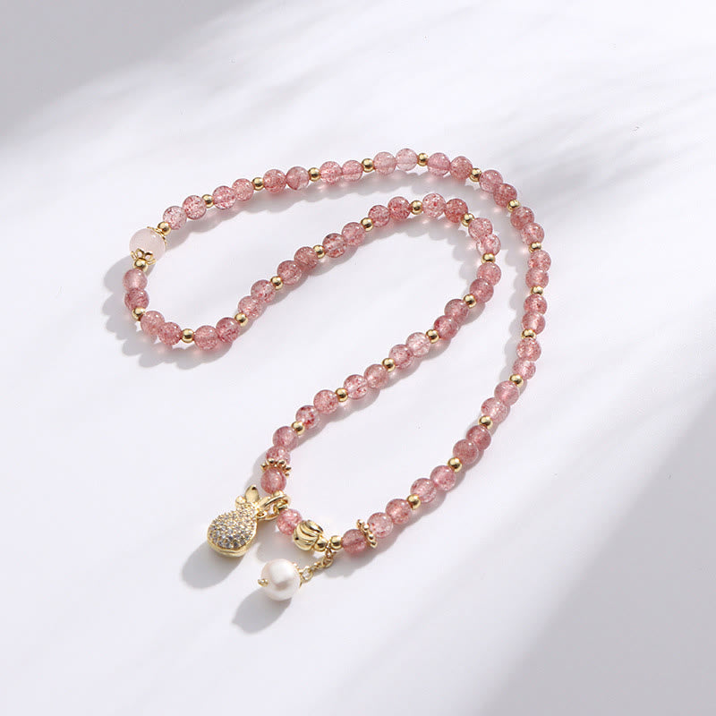 Fortune Jewel Strawberry Quartz Money Bag Positive Charm Double Wrap Bracelet