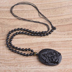 Fortune Jewel Tibetan Obsidian Ganesh Ganpati Elephant Wealth Amulet Necklace