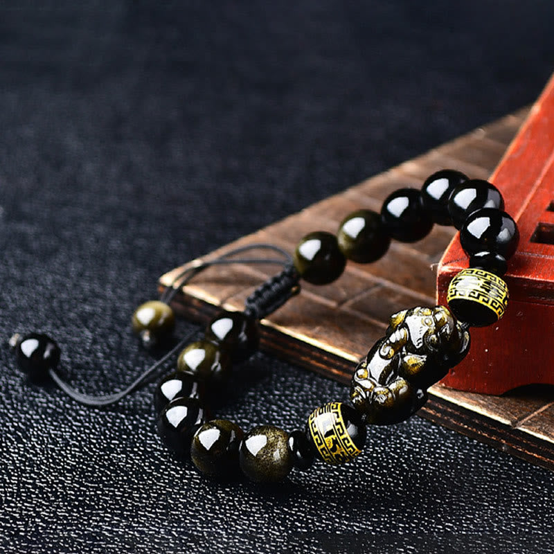 Fortune Jewel Natural Gold Sheen Obsidian PiXiu Om Mani Padme Hum Wealth Braided Bracelet