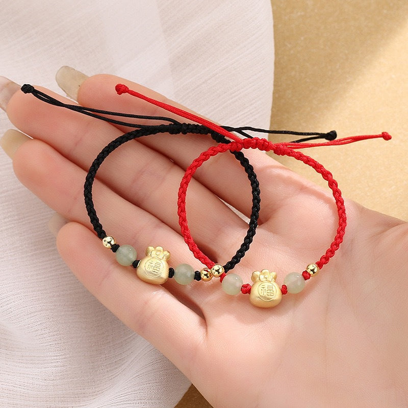 Fortune Jewel Lucky Money Bag Fu Character Jade Bead Luck Braided Bracelet