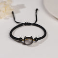 Fortune Jewel Handmade Natural Silver Sheen Obsidian Strawberry Quartz Cute Cat Protection Braided Bracelet