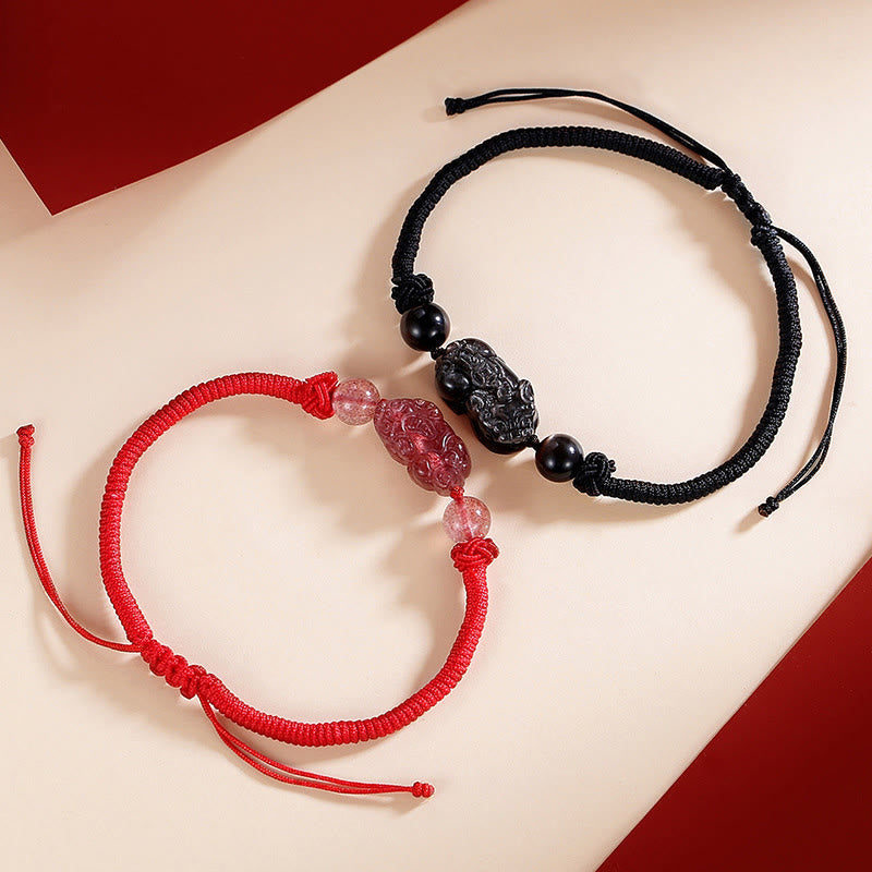 Fortune Jewel Handmade Natural Silver Sheen Obsidian Strawberry Quartz PiXiu Protection Braided Bracelet