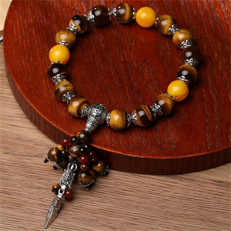 Fortune Jewel Natural Tiger Eye Red Agate Dragon Vein Agate Stone Vajra Dorje Power Healing Bracelet Car Decoration