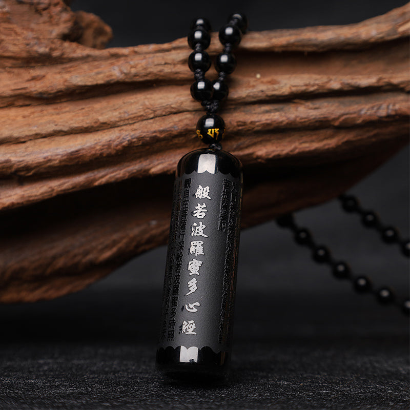 Fortune Jewel Natural Black Obsidian Heart Sutra Purification Necklace Pendant