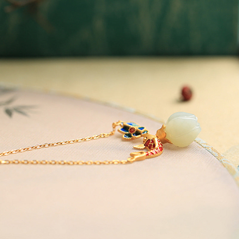 Fortune Jewel White Jade Koi Fish Lotus Copper Protection Necklace Pendant Fortune Jewel