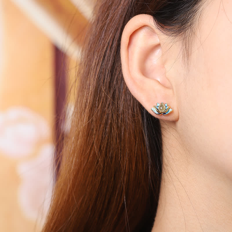925 Sterling Silver Hetian Cyan Jade Lotus Flower Success Earrings Fortune Jewel