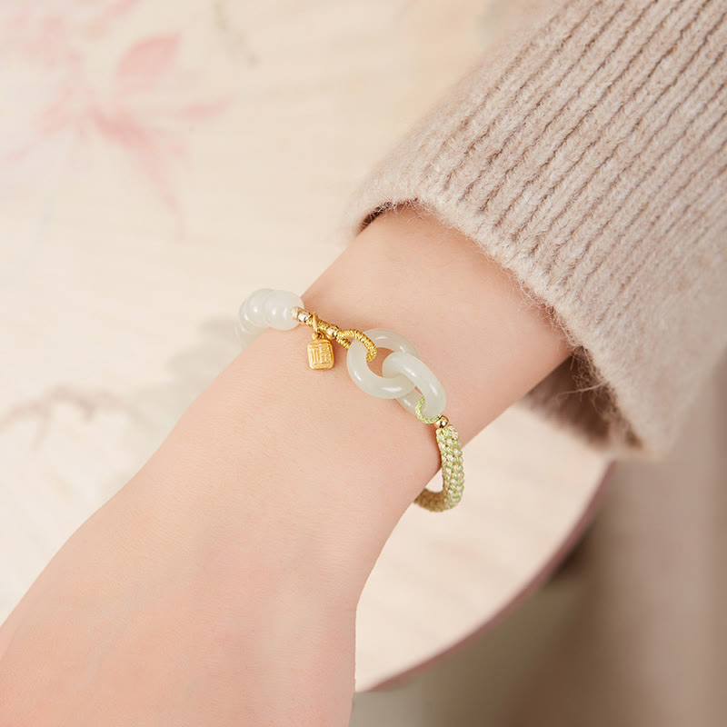 Fortune Jewel Natural Hetian Jade Bead Double Peace Buckle Fu Character Abundance Braided Bracelet