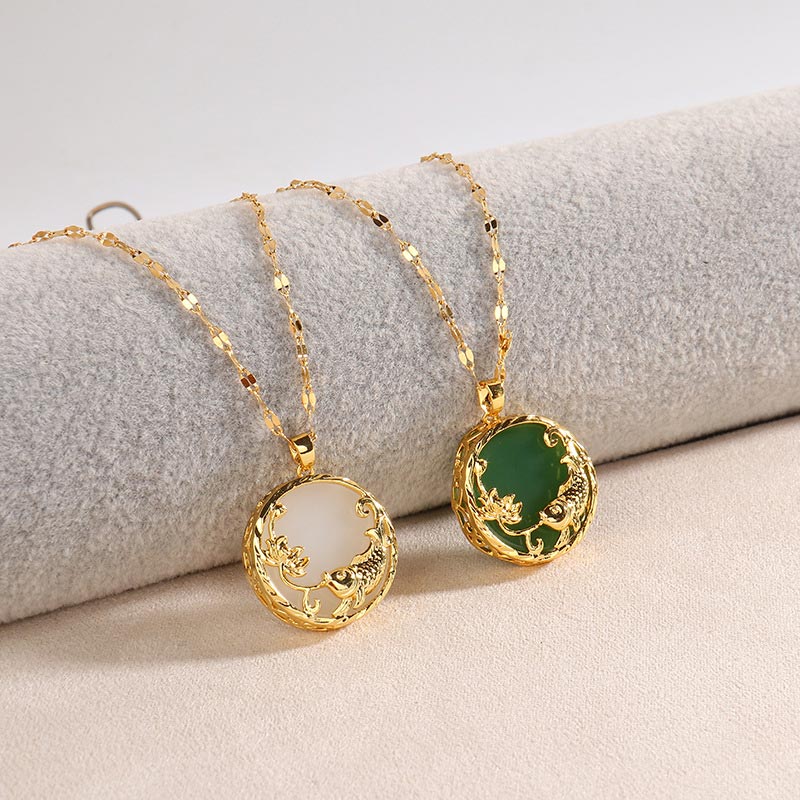Fortune Jewel Natural Jade Koi Fish Lotus Luck Necklace Pendant