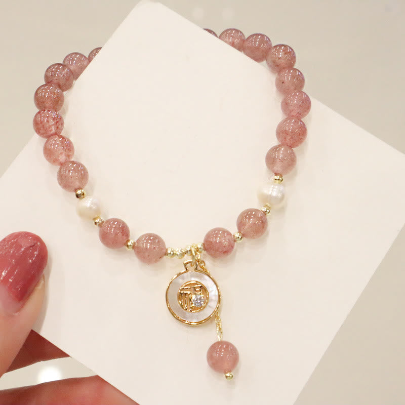Fortune Jewel Strawberry Quartz Pearl Elk Smiley Face Fishtail Fu Character Charm Healing Bracelet