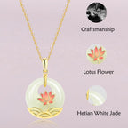 Fortune Jewel 925 Sterling Silver Hetian White Jade Lotus Flower Blessing Necklace Pendant Fortune Jewel