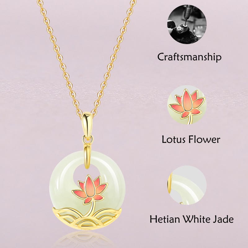 Fortune Jewel 925 Sterling Silver Hetian White Jade Lotus Flower Blessing Necklace Pendant Fortune Jewel