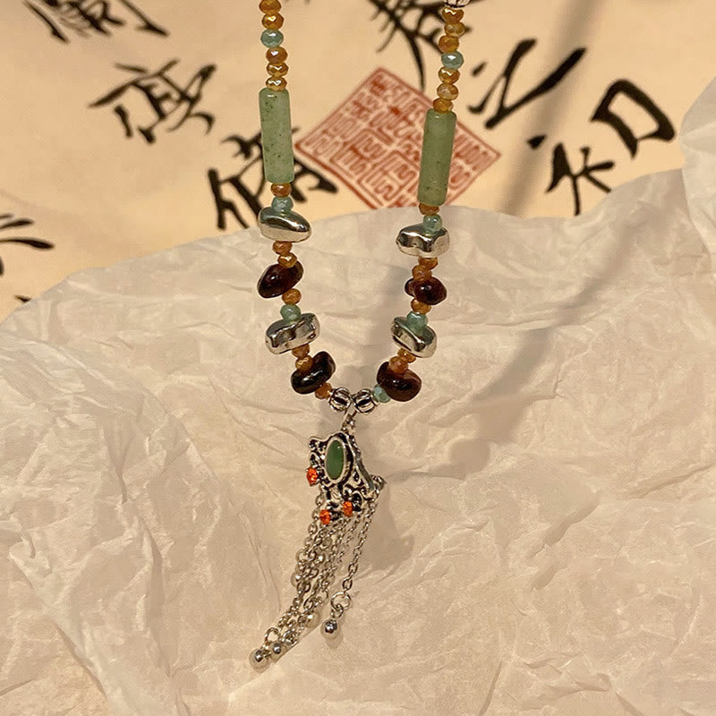 Fortune Jewel Tibetan Crystal Stone Copper Luck Tassel Necklace Pendant
