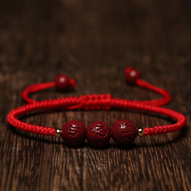 Fortune Jewel Handmade Cinnabar Om Mani Padme Hum Engraved Beads Blessing Braided Bracelet