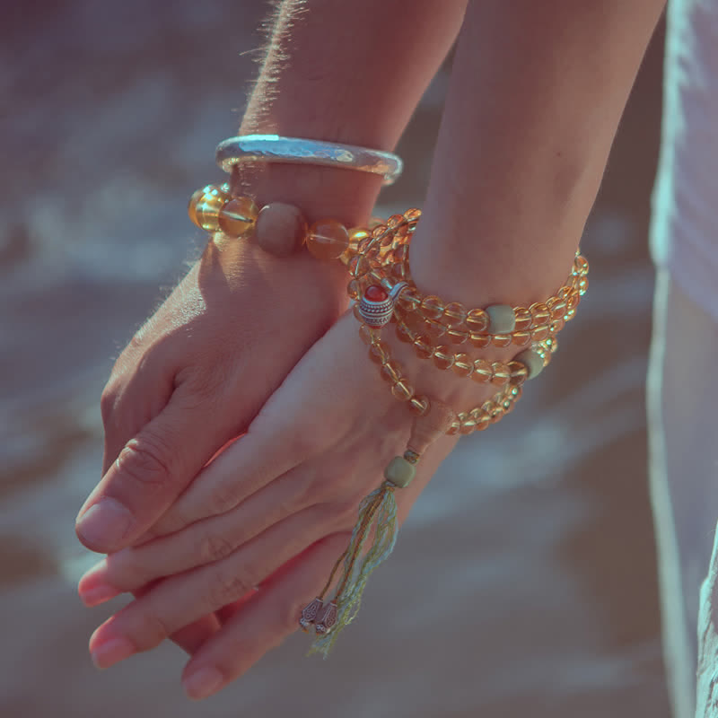 Fortune Jewel 108 Mala Beads 925 Sterling Silver Citrine Sandalwood Turquoise Protection Prosperity Bracelet