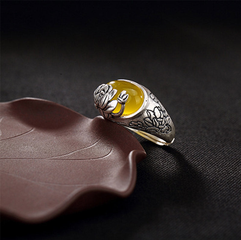 Fortune Jewel Citrine Lotus Blessing Protection Adjustable Ring