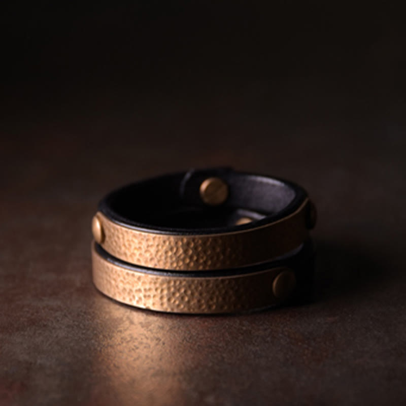 Fortune Jewel Vintage Handmade Texture Copper Brass Leather Wealth Bracelet Bangle