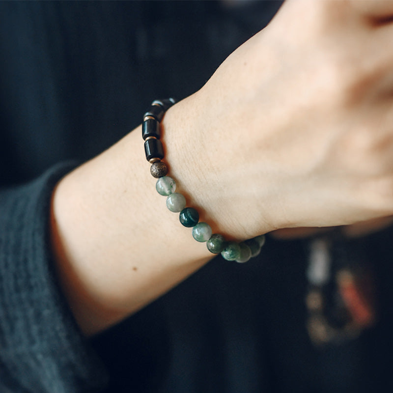 Fortune Jewel Ebony Wood Red Jasper Moss Agate Crystal Copper Peace Couple Bracelet