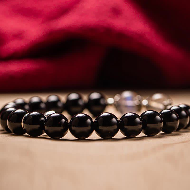 Fortune Jewel 925 Sterling Silver Obsidian Moonstone Strength Couple Bracelet