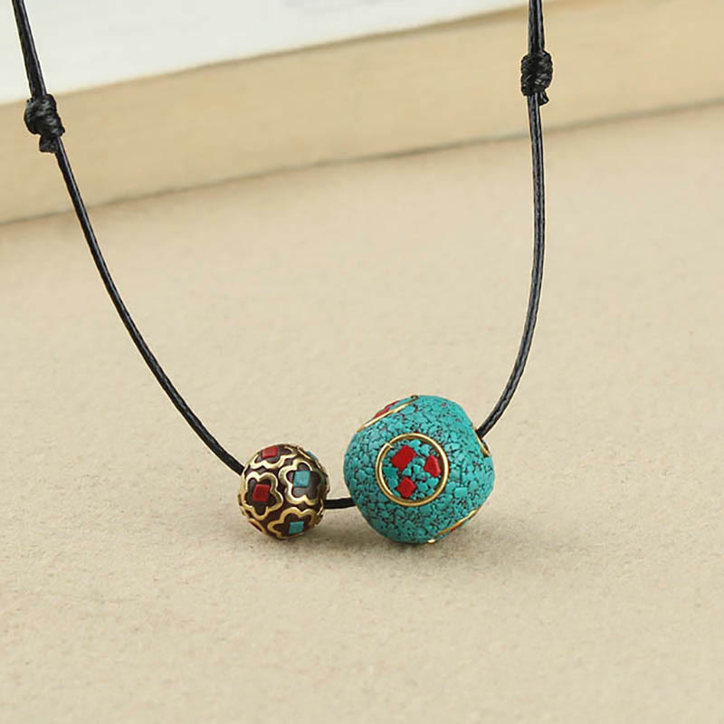 Fortune Jewel Tibetan Turquoise Double Bead Protection Strength Necklace Pendant