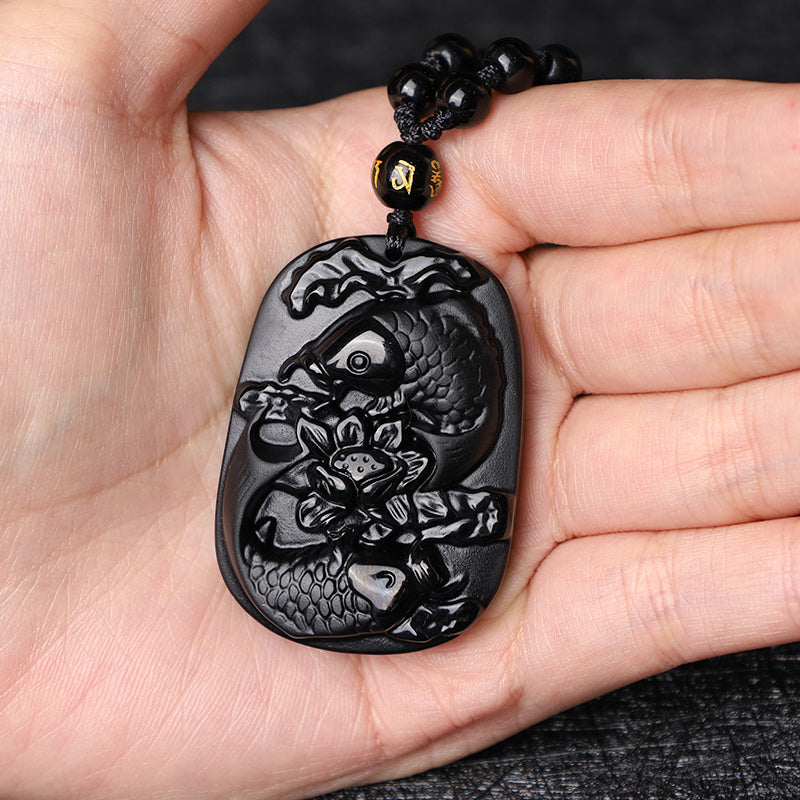 Fortune Jewel Natural Black Obsidian Koi Fish Lotus Strength Beaded Necklace Pendant