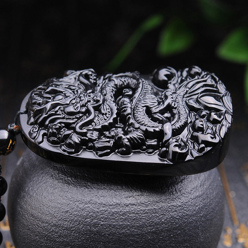 Fortune Jewel Black Obsidian Stone Dragon Fulfilment Pendant Necklace