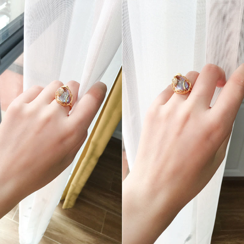 Fortune Jewel Pearl Copper Plated Gold Flower Happiness Wealth Ring