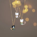 Fortune Jewel 14K Gold Plated Pearl Hetian Jade Shell Luck Cat Kitten Necklace Pendant