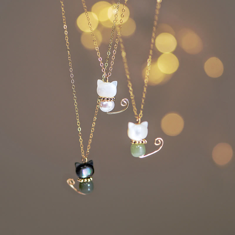 Fortune Jewel 14K Gold Plated Pearl Hetian Jade Shell Luck Cat Kitten Necklace Pendant