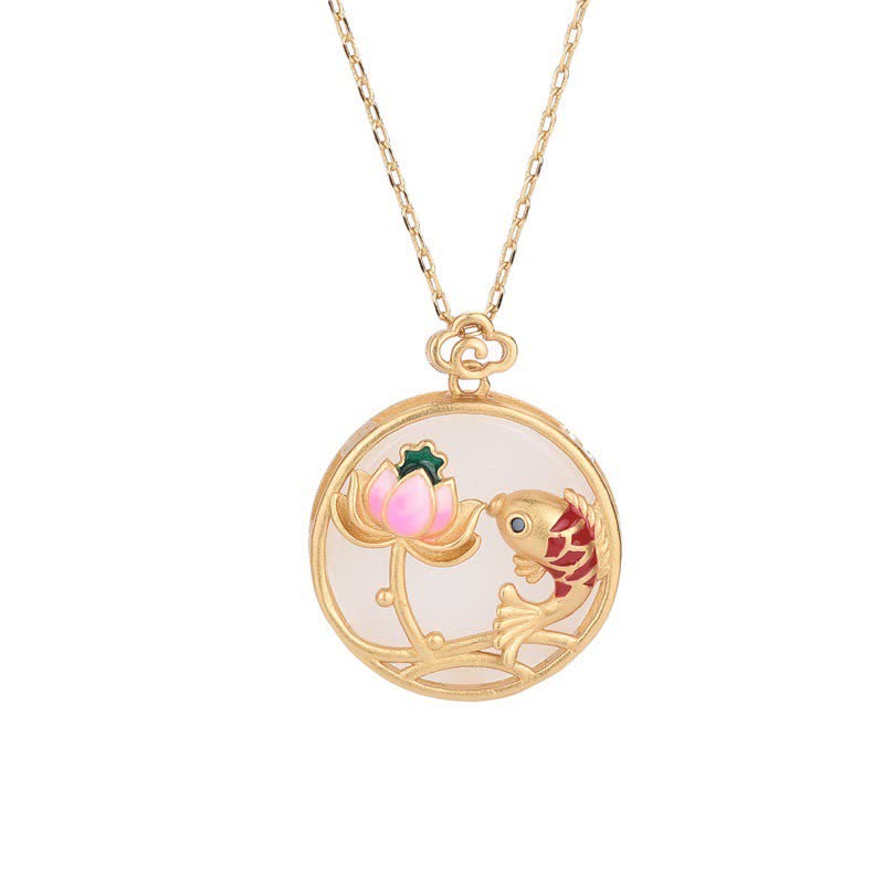 Fortune Jewel White Jade Koi Fish Lotus Blessing Necklace Pendant Fortune Jewel