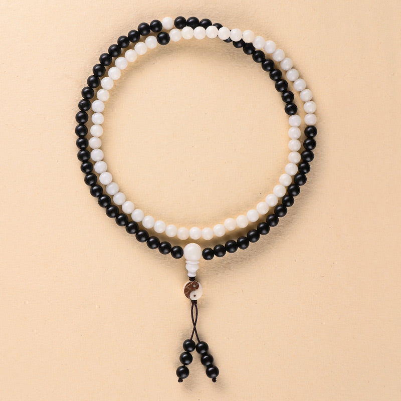 Buddha Stones Ebony YinYang Protection Necklace Mala Fortune Jewel
