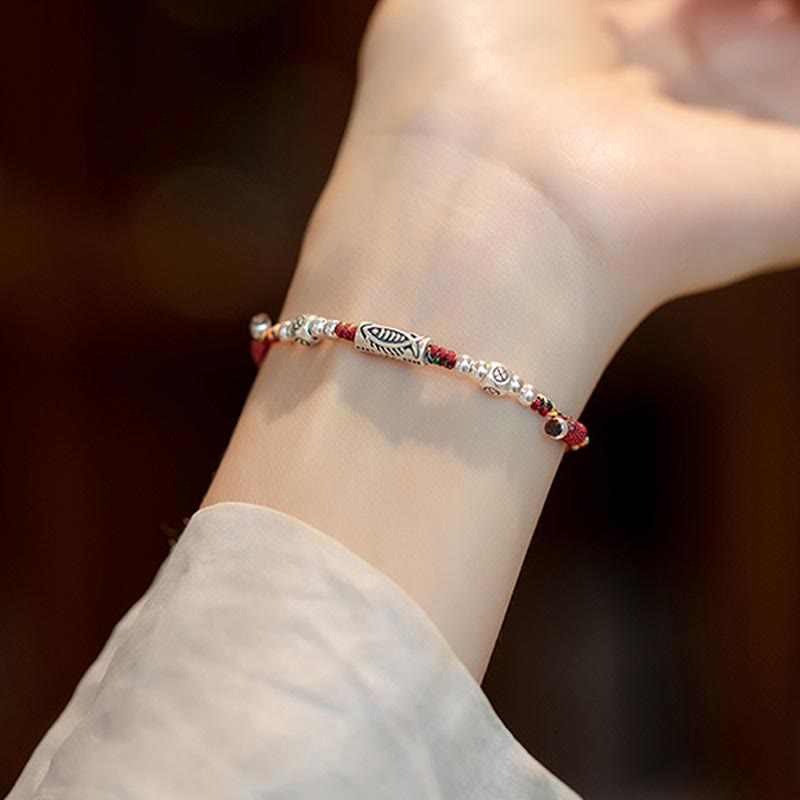 Fortune Jewel 925 Sterling Silver Luck Koi Fish Braided Colorful String Bracelet Anklet