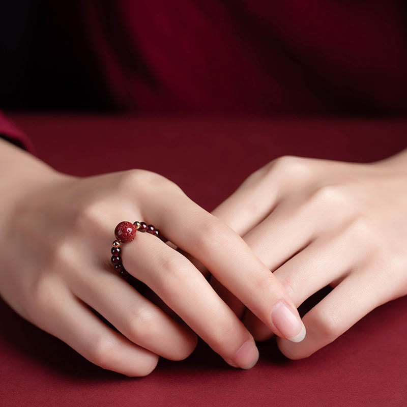 Fortune Jewel Garnet Cinnabar Lucky Bead PiXiu Om Mani Padme Hum Rose Protection Ring