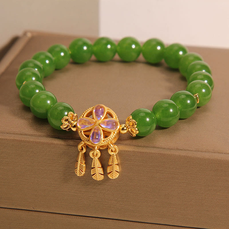 Fortune Jewel Green Jade Dreamcatcher Four Leaf Clover Luck Bracelet