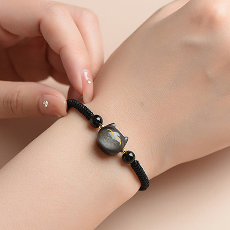Fortune Jewel Handmade Natural Silver Sheen Obsidian Strawberry Quartz Cute Cat Protection Braided Bracelet