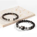 Fortune Jewel Natural Silver Sheen Obsidian Cute Cat Head Protection Bracelet