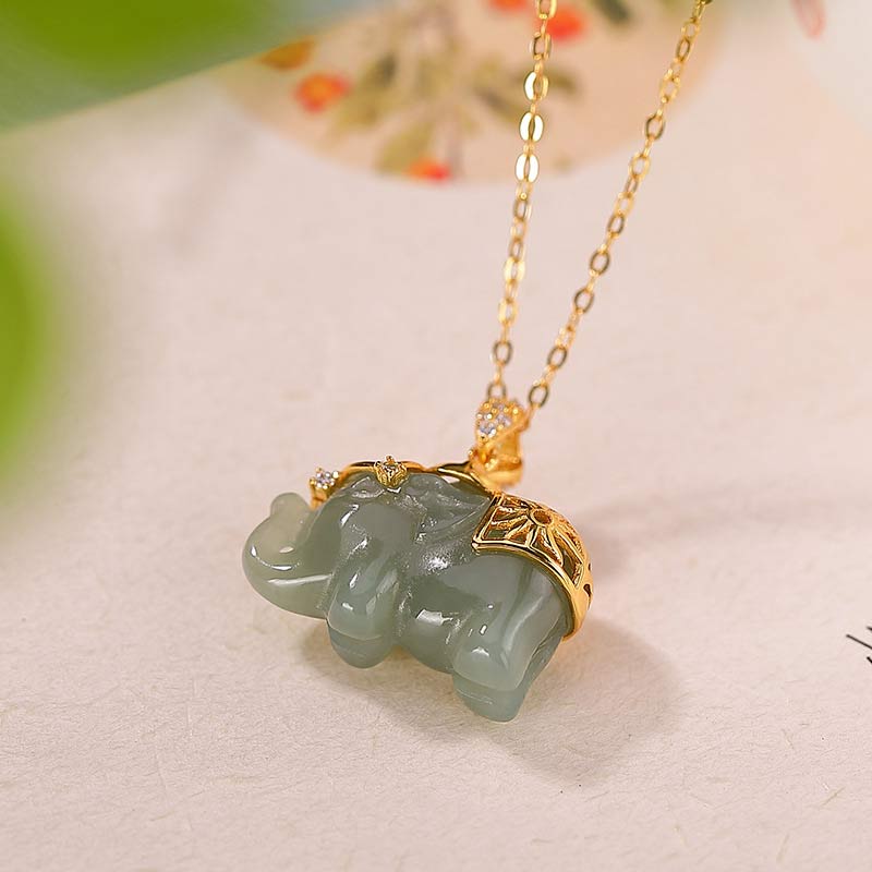 Fortune Jewel 925 Sterling Silver Jade Elephant Blessing Fortune Necklace Chain Pendant