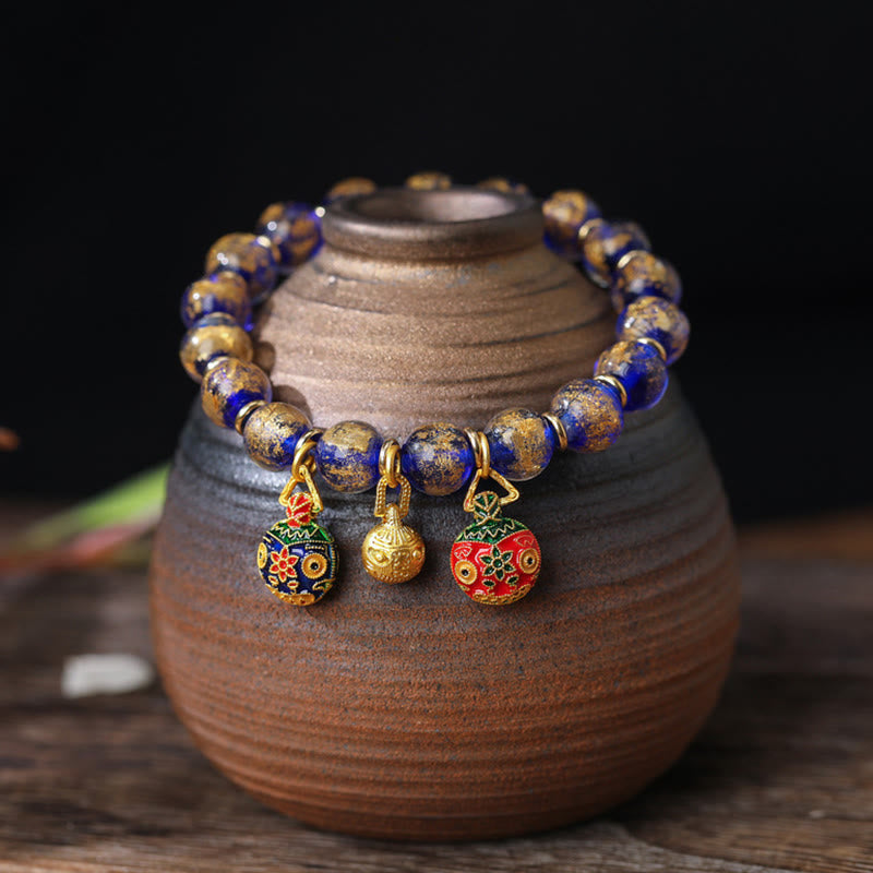 Fortune Jewel Gold Swallowing Beast Family Charm Gold Silver Foil Liuli Glass Bead Blessings Bracelet