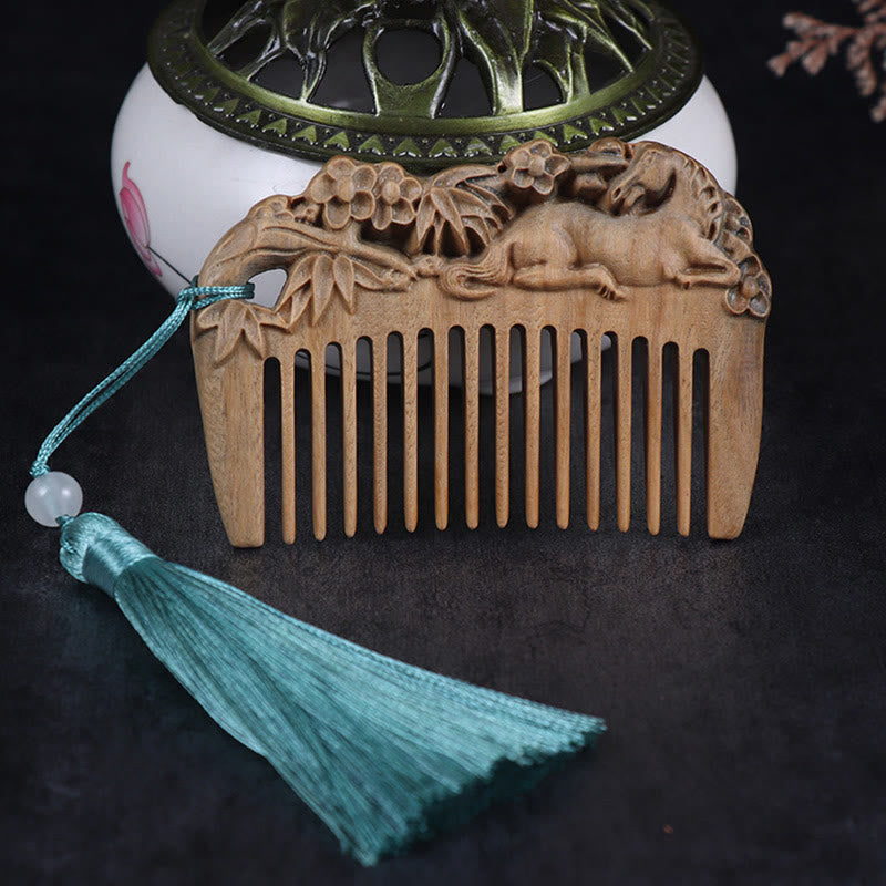 Fortune Jewel Green Sandalwood Fox Peony Flower Lotus Engraved Cure Tassel Comb Fortune Jewel