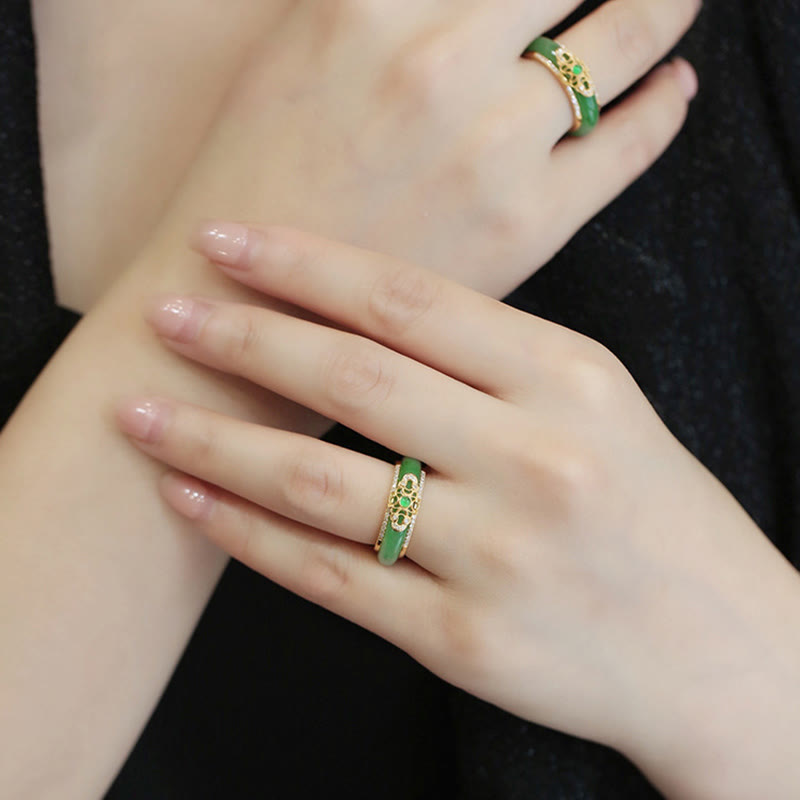 Fortune Jewel 18K Gold Plated Natural Green Chalcedony Strength Ring