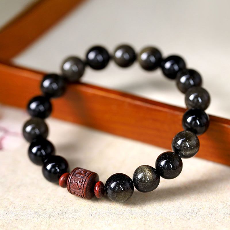 Fortune Jewel Natural Gold Sheen Obsidian Rainbow Obsidian Om Mani Padme Hum Fu Character Healing Bracelet